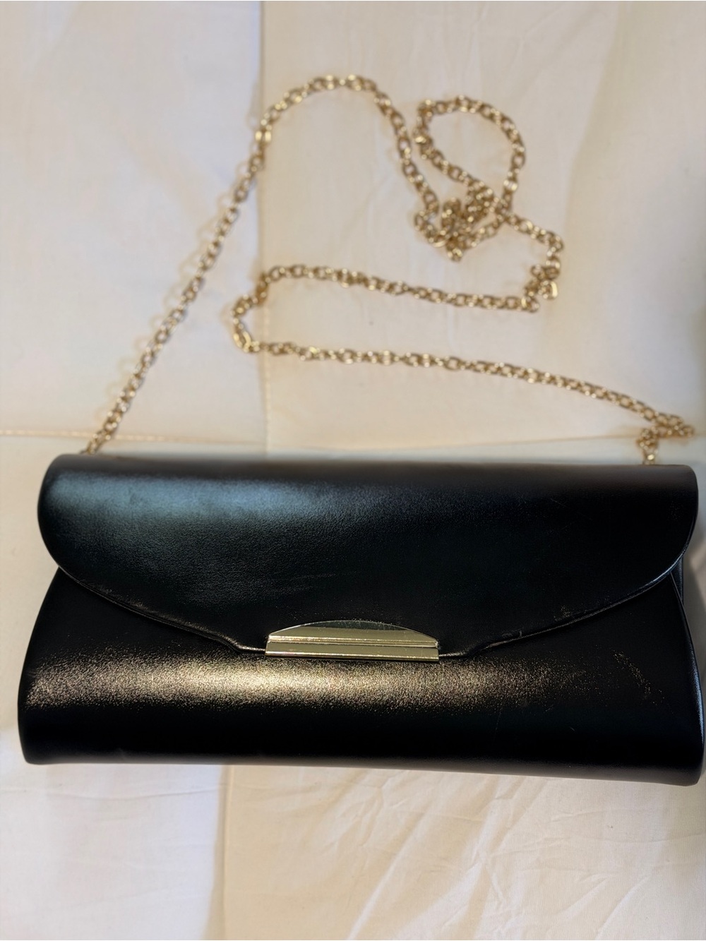 Black Leather Evening Clutch with Gold Chain
